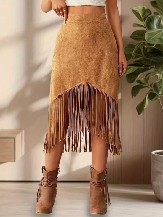 Dresses & Skirts - NWT Boho Western Light Brown Faux Suede Fringed Hem Midi Skirt